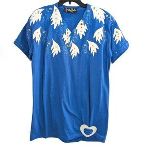 Phillip Noel blue white leather embellished studded vintage tunic T-shirt top OS